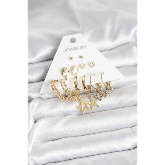 Gold Renk Yıldızlı Set 6 Çift Kadın Küpe Seti