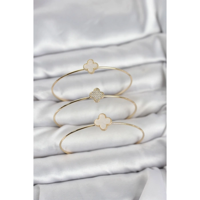 Gold Renk Yonca Model Zirkon Taşlı 3lü Kadın Bileklik Kombini