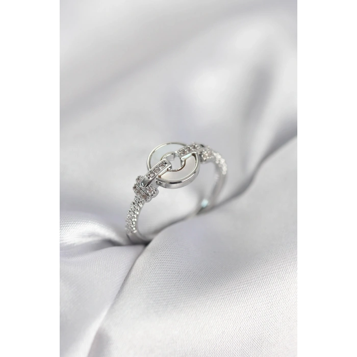 Gümüş Renk Daire Form Sedef ve Zirkon Taşlı Kadın Yüzük