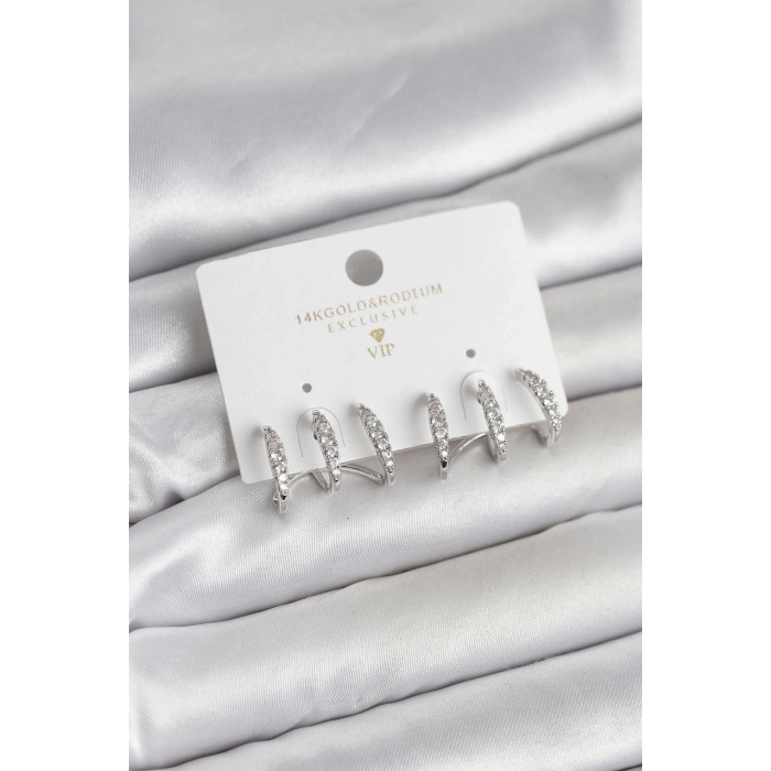 Gümüş Renk Pirinç Zirkon Taşlı Kadın Küpe