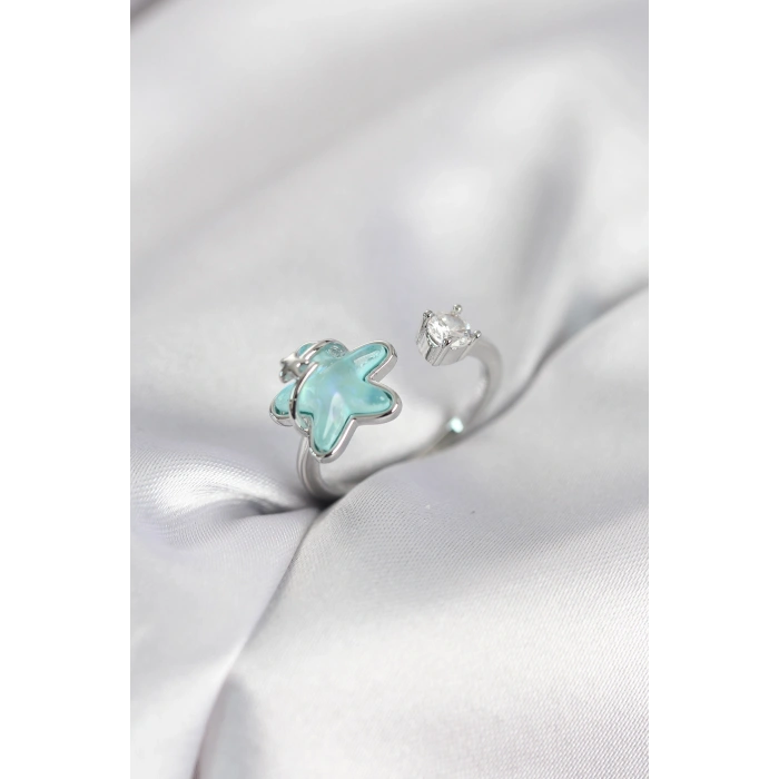 Gümüş Renk Turkuaz Yıldız Model Kadın Yüzük