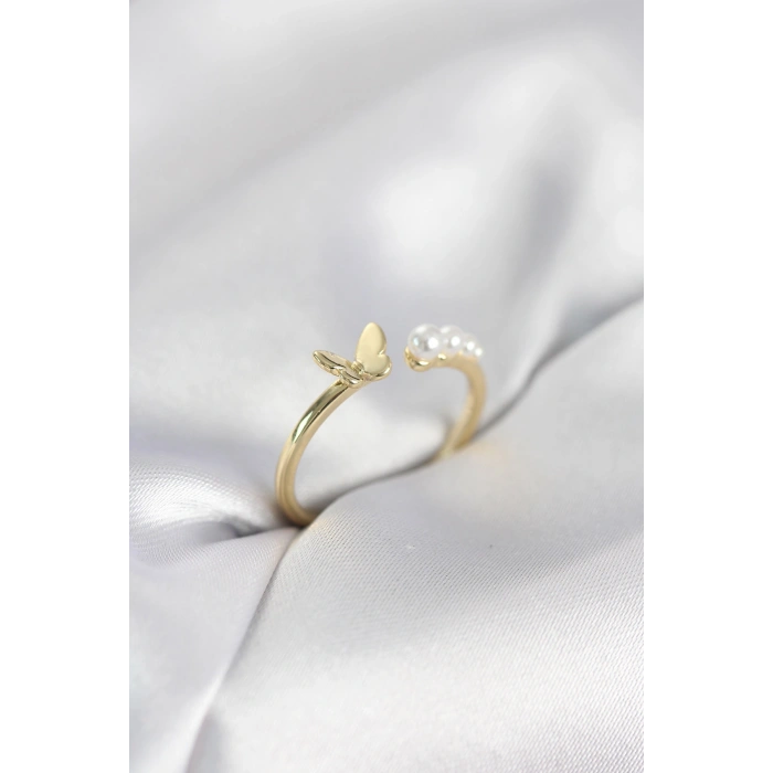 İncili Kelebek Model Gold Renk Pirinç Kadın Yüzük