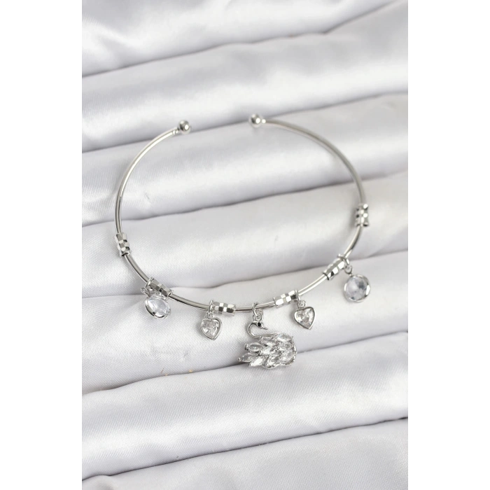 Kuğu Charmlı Gümüş Renk Kadın Bileklik