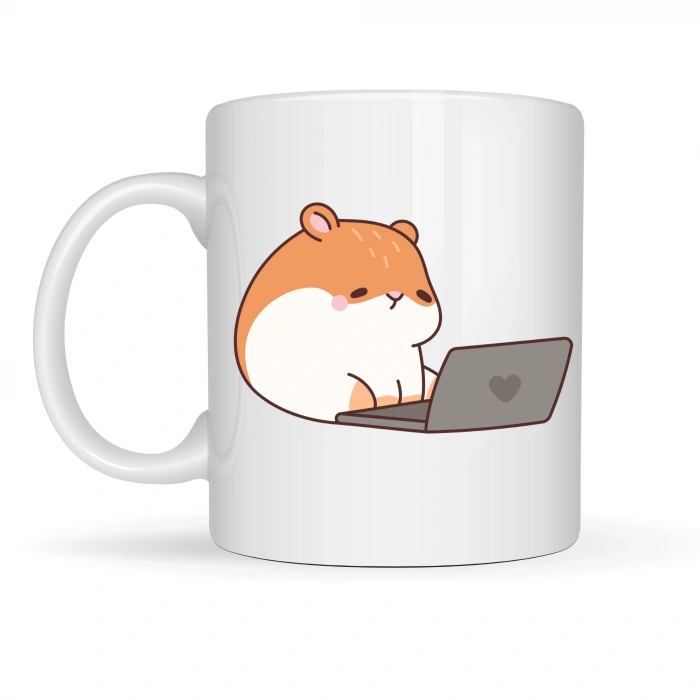 Laptoplu Hamster Desenli Porselen Kupa MODEL 112 – Sevimli Çalışkan Hamster Tasarımlı Kahve Kupası , Ofis & Ev İçin Tatlı Hediye