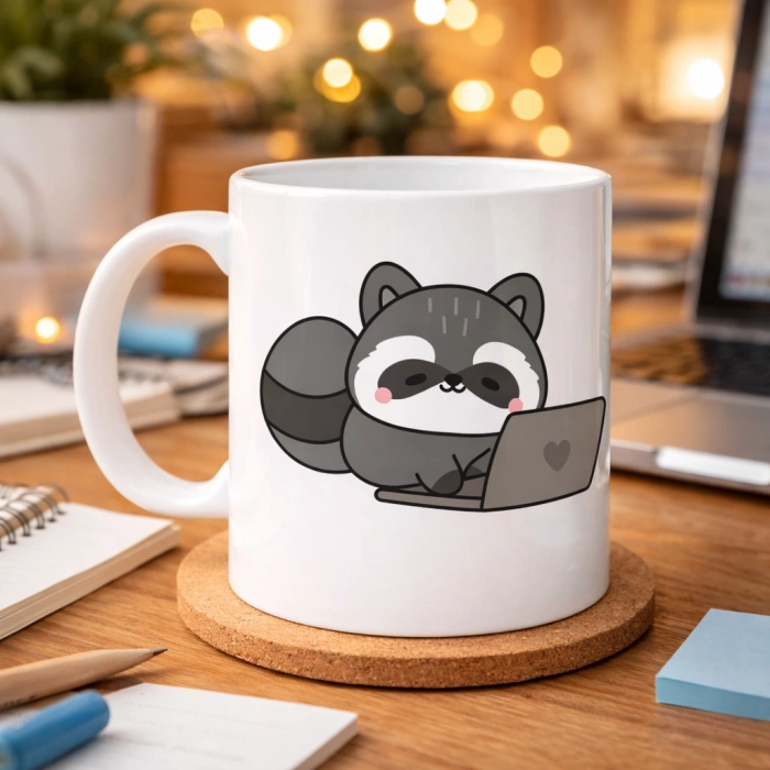 Laptoplu Sevimli Rakun Desenli Porselen Kupa MODEL 114 – Ofis İçin Eğlenceli Kahve Kupası , Çalışanlara Özel Tatlı Hediye