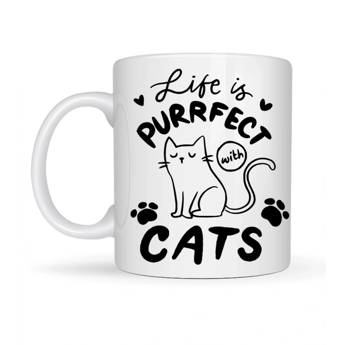 Life is Purrfect with Cats – Kedi Desenli Porselen Kupa MODEL 62 Sevimli Kedi Figürlü Kahve Kupası