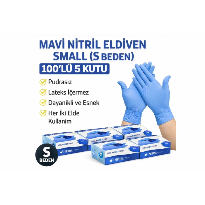 Mavi Nitril Eldiven Small S Beden Pudrasız 100’lü 5 Kutu Tek Kullanımlık Muayene Eldiveni Lateksiz Koruyucu Eldiven Seti