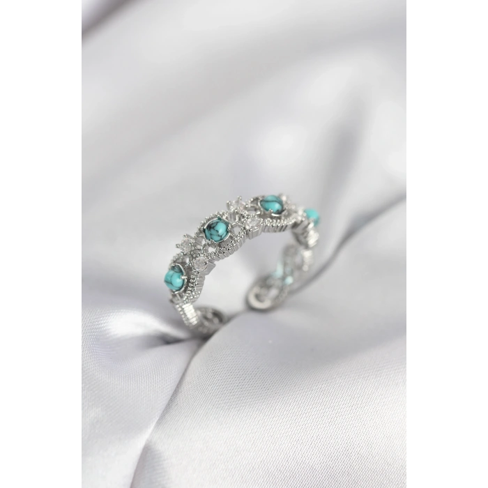 Mavi Taşlı Gümüş Renk Vintage Kadın Yüzük