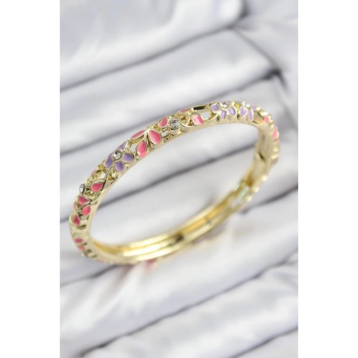 Mineli Pirinç Zirkon Taşlı Pembe Mor Çiçek Motifli Gold Kadın Kelepçe