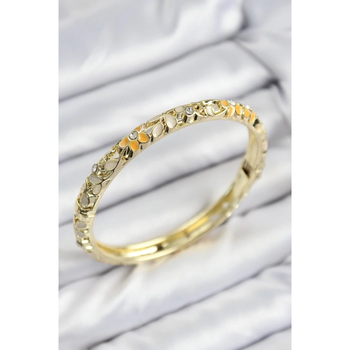 Mineli Pirinç Zirkon Taşlı Sarı Krem Çiçek Motifli Gold Kadın Kelepçe