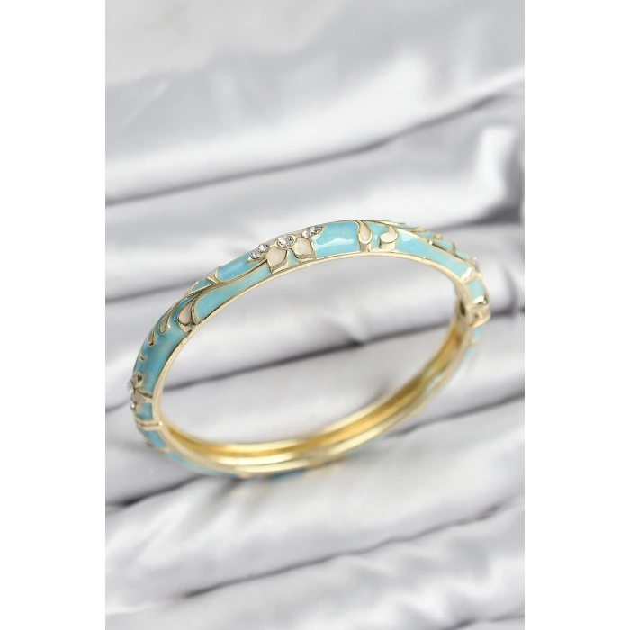 Mineli Pirinç Zirkon Taşlı Turkuaz Çiçek Motifli Gold Kadın Kelepçe