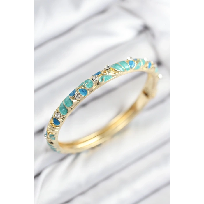 Mineli Pirinç Zirkon Taşlı Turkuaz Mavi Çiçek Motifli Gold Kadın Kelepçe