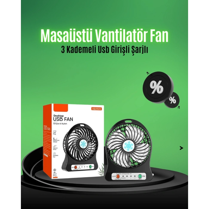 Mini USB Fan – Şarj Edilebilir, Işıklı, 3 Kademe, Taşınabilir Masaüstü Vantilatör