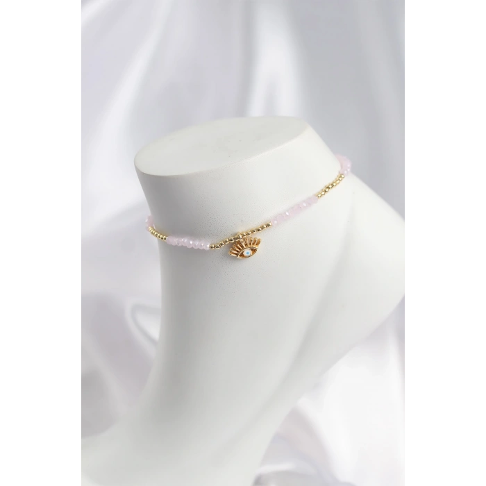 Pembe Renk Boncuklu Nazarlı Göz Figürlü Halhal