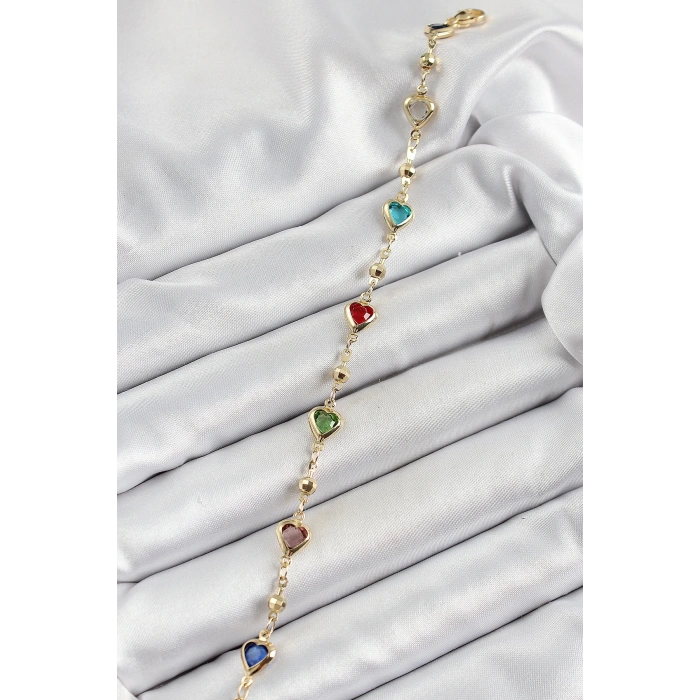 Pirinç Asorti Kalp Model Gold Renk Zirkon Taşlı Kadın Bileklik