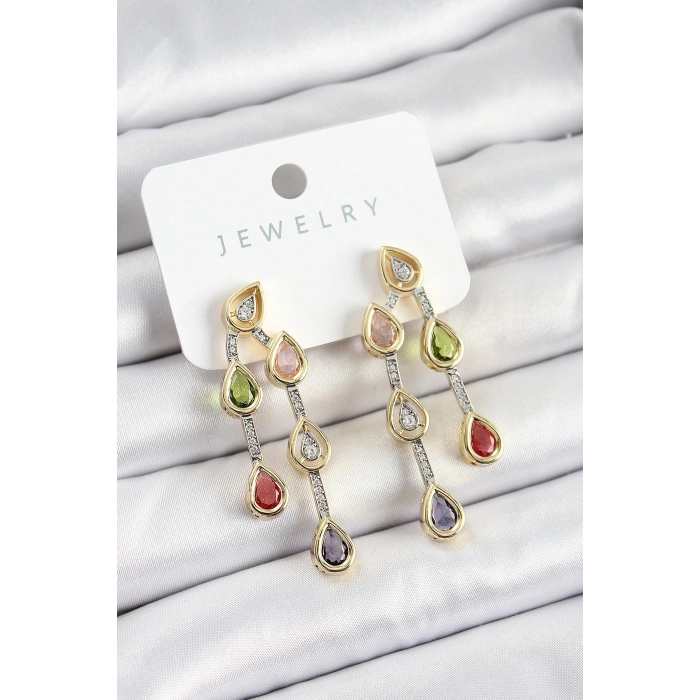 Pirinç Çoklu Damla Model Karşık Zirkon Taşlı Gold Ve Gümüş Renk Kadın Küpe