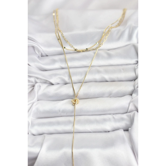 Pirinç Gold Renk Düğüm Model Detaylı 3lü Kombin Y Kadın Kolye