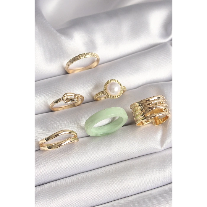 Pirinç Gold Renk Düğüm Model İncili İşlemeli Plaka Model 6Lı Kadın Yüzük Seti