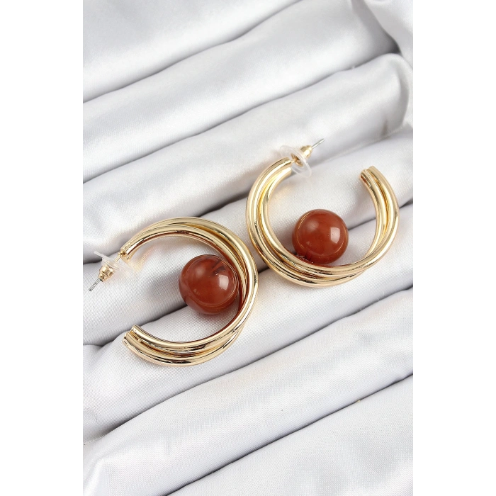 Pirinç Gold Renk Halka Model Kahverengi Boncuk Detay Kadın Küpe