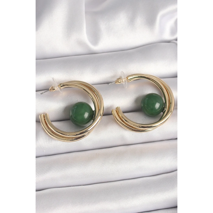 Pirinç Gold Renk Halka Model Yeşil Boncuk Detay Kadın Küpe