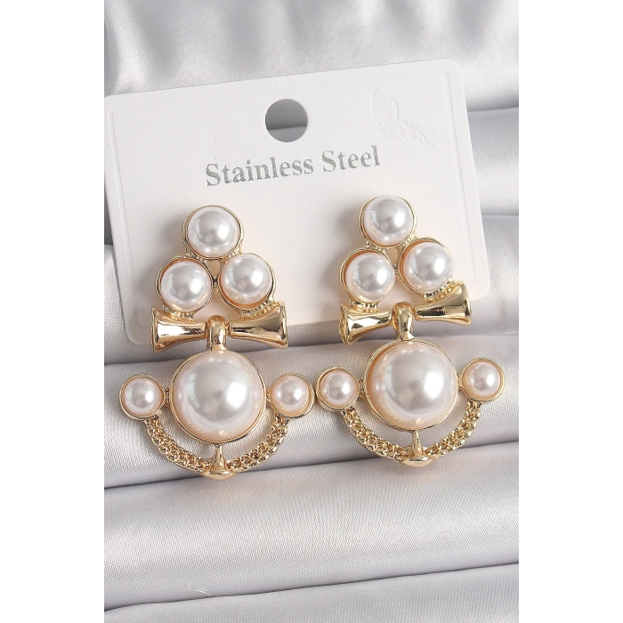 Pirinç Gold Renk İncili Çapa Model Kadın Küpe