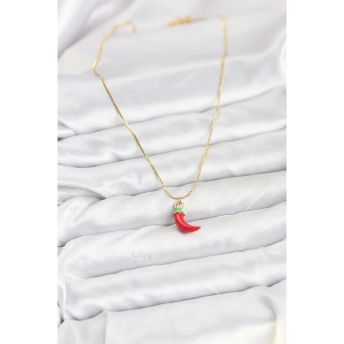 Pirinç Gold Renk Kırmızı Kapya Biber Model Kadın Kolye
