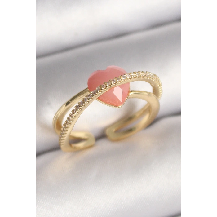 Pirinç Gold Renk Pembe Kristal Kalp Model Zirkon Taş Detaylı Kadın Yüzük