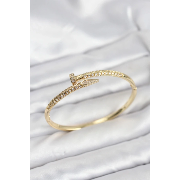 Pirinç Gold Renk Zirkon Taşlı Çivi Model Kadın Kelepçe Bileklik