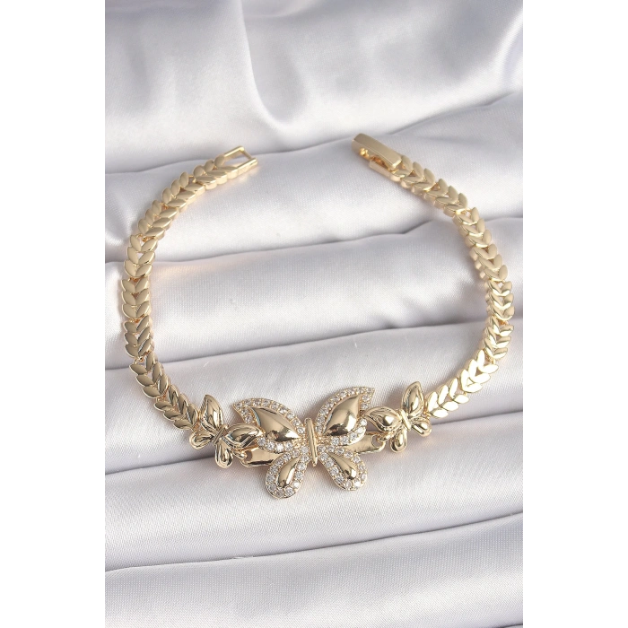 Pirinç Gold Renk Zirkon Taşlı Kelebek Model Kadın Bileklik