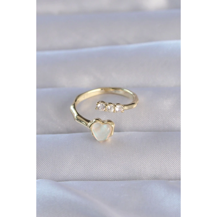 Pirinç Gold Renk Zirkon Taşlı Sedefli Kalp Model Ayarlanabilir Yüzük