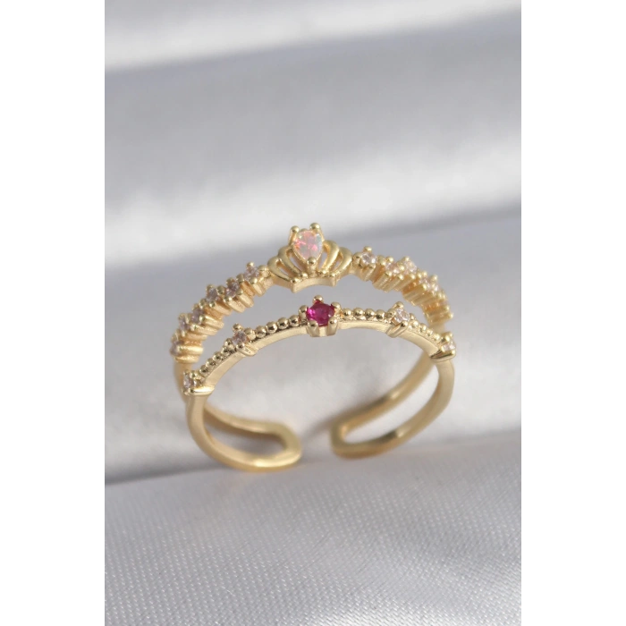 Pirinç Gold Renk Zirkon Taşlı Taç Model Kadın Yüzük