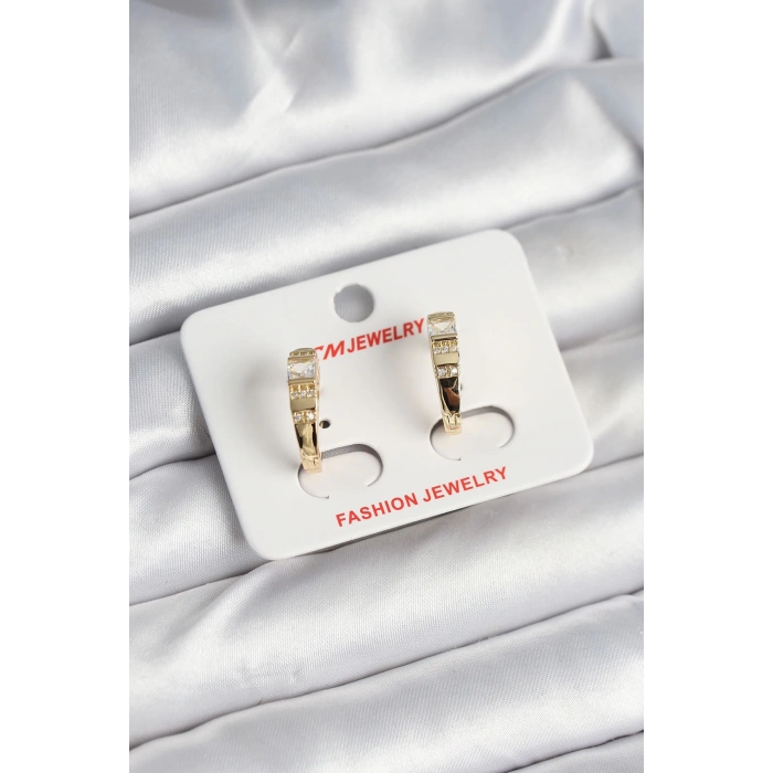 Pirinç Gold Renk Zirkon Taşlı Vintage Kadın Küpe