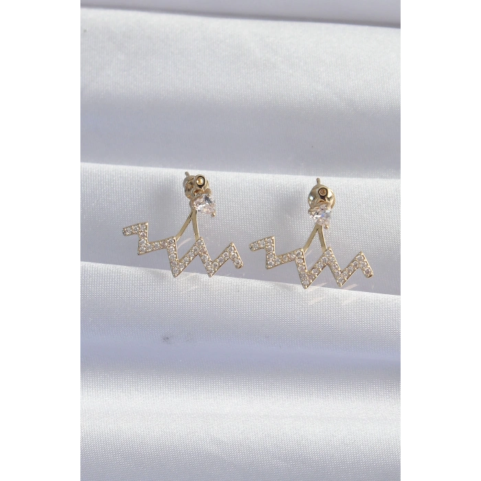 Pirinç Gold Renk Zirkon Taşlı Zikzak Küpe