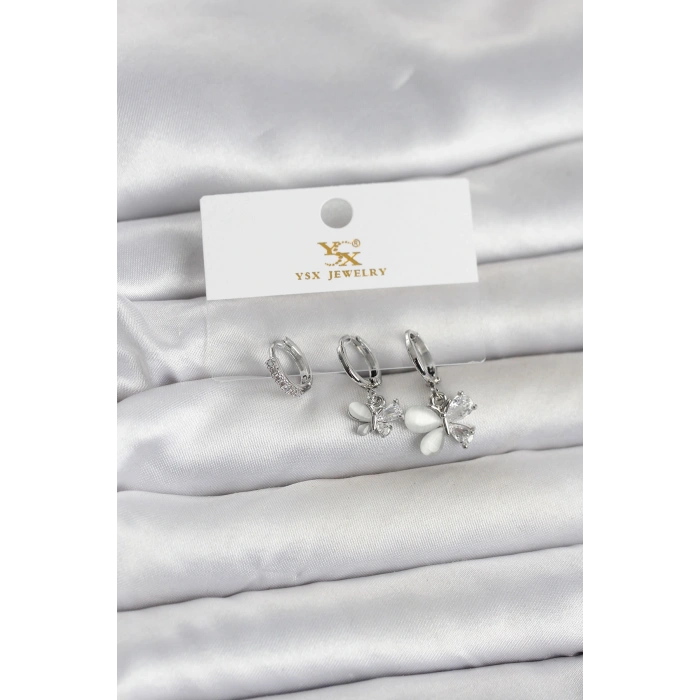 Pirinç Gümüş Renk Kelebek Model 3lü Kadın Küpe