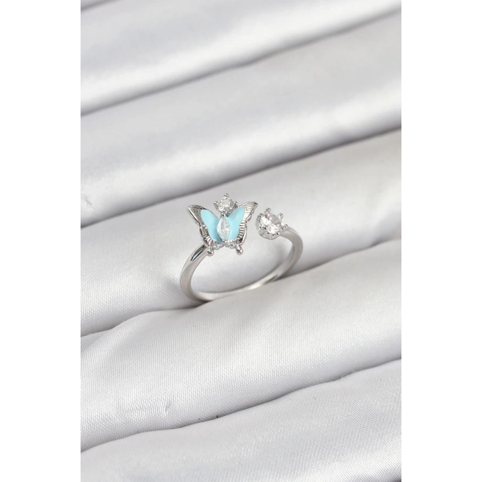 Pirinç Gümüş Renk Kelebek Model Kadın Yüzük