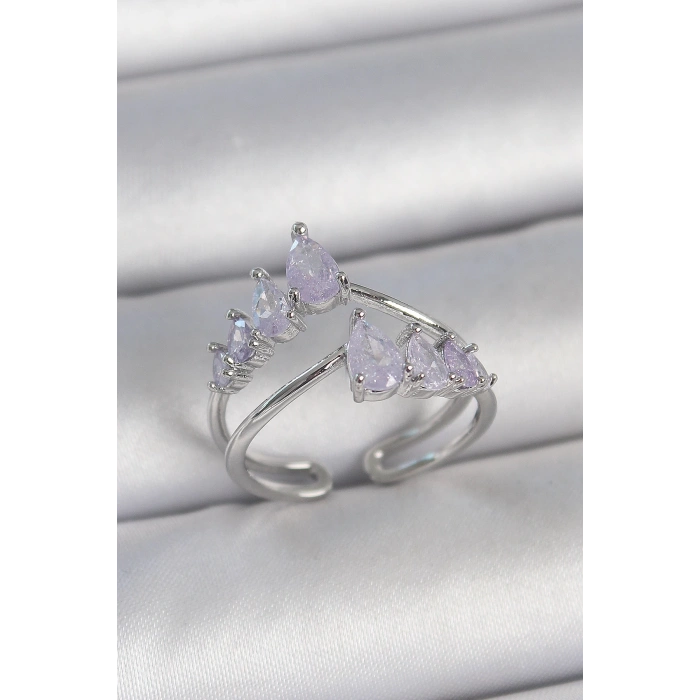 Pirinç Gümüş Renk Mor Damla Zirkon Taşlı Taç Model Kadın Yüzük