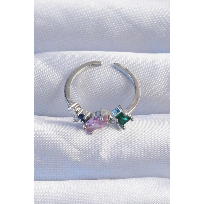 Pirinç Gümüş Renk Renkli Zirkon Taşlı Ayarlanabilir Yüzük