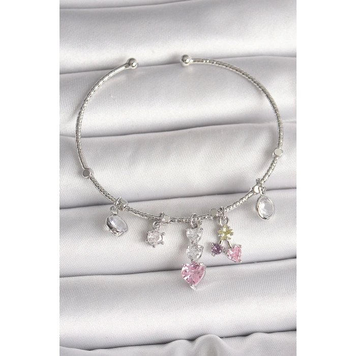 Pirinç Gümüş Renk Sallantı Zirkon Taşlı Kalp Figür Charm Kadın Bileklik