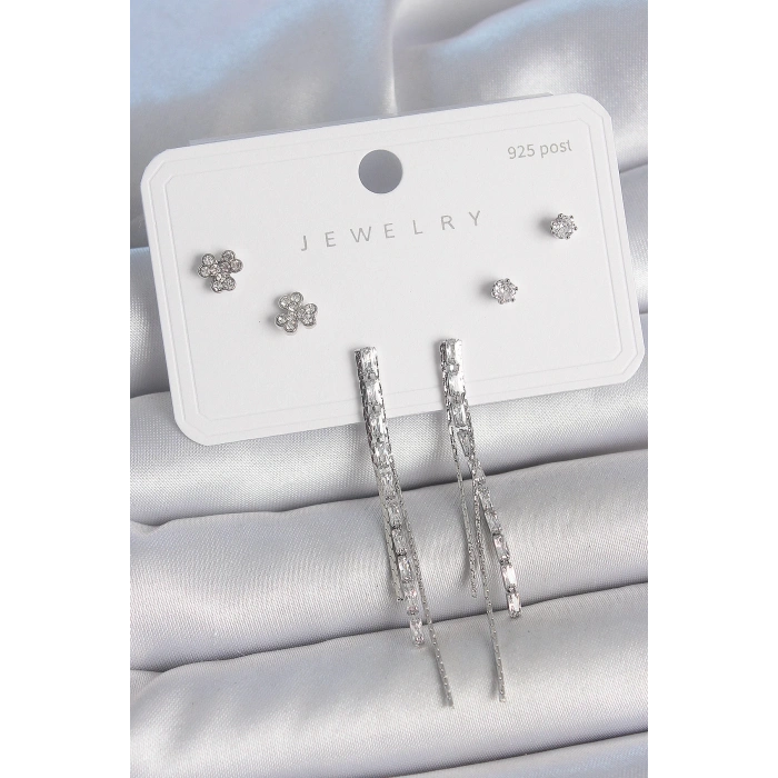 Pirinç Gümüş Renk Su Yolu Zirkon Taşlı Sallantı Model Çiçek Detay 925 Ayar Gümüş Çivi Kadın Küpe Seti