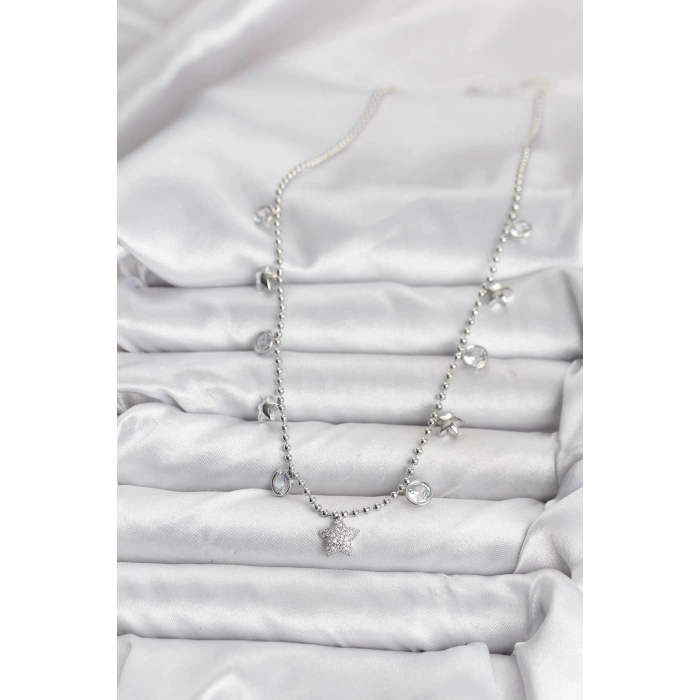 Pirinç Gümüş Renk Yıldız Model Kadın Kolye