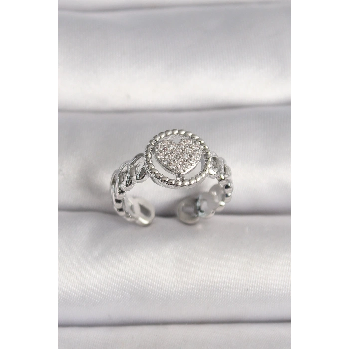 Pirinç Gümüş Renk Zincir Model Zirkon Taşlı Kalp Model Kadın Yüzük