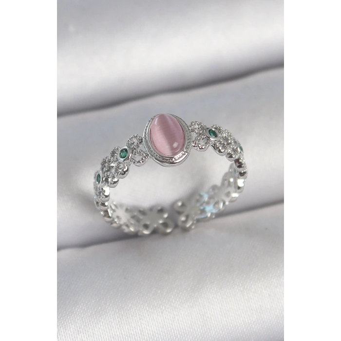 Pirinç Gümüş Renk Zirkon Taş Detaylı Pembe Mineli Damla Model Ayarlanabilir Kadın Yüzük