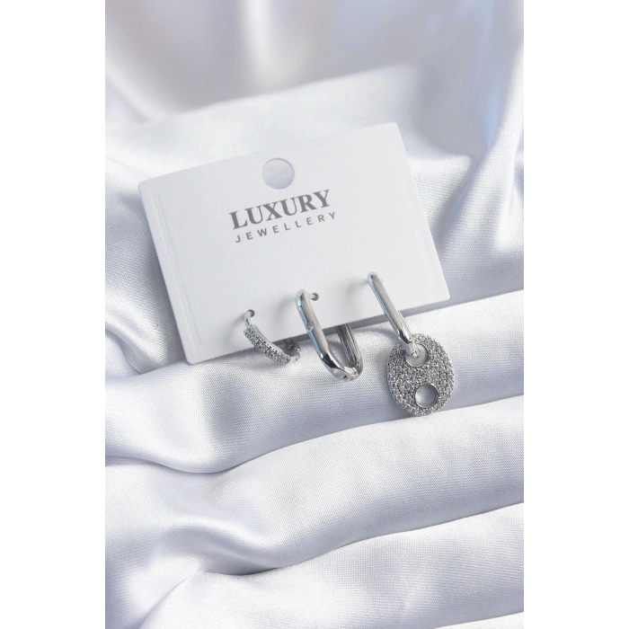 Pirinç Gümüş Renk Zirkon Taşlı 3lü Kadın Küpe Seti