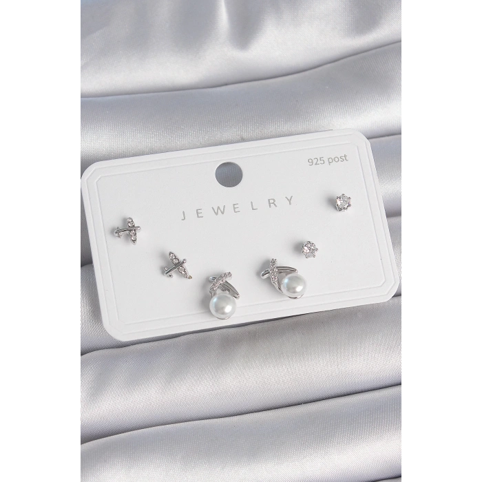 Pirinç Gümüş Renk Zirkon Taşlı Kelebek Model İnci Detay 925 Ayar Gümüş Çivi Kadın Küpe Seti