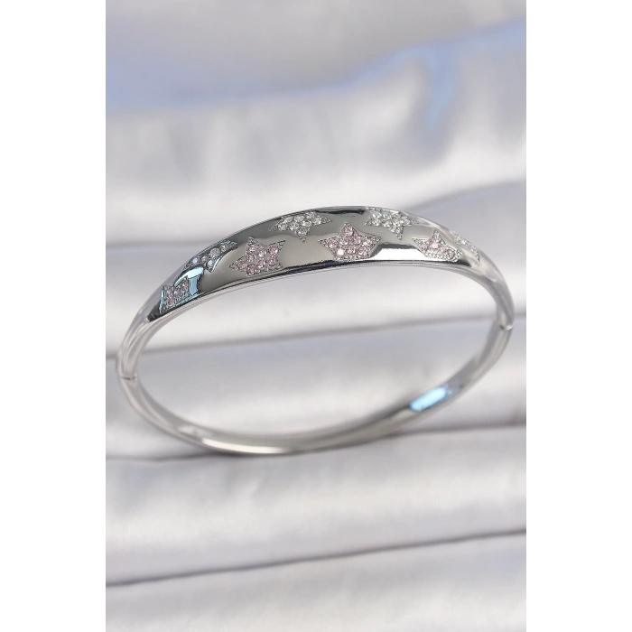 Pirinç Gümüş Renk Zirkon Taşlı Yıldız İşlemeli Kadın Kelepçe