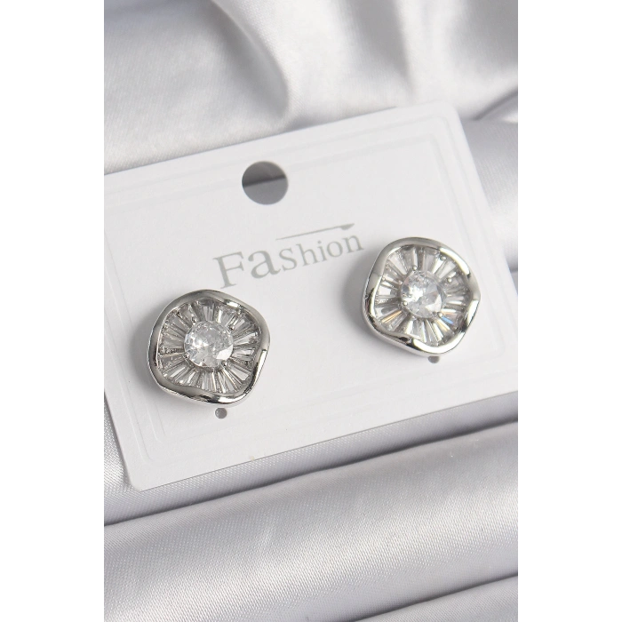 Pirinç Gümüş Renk Zirkon Taşlı Yonca Model Kadın Küpe