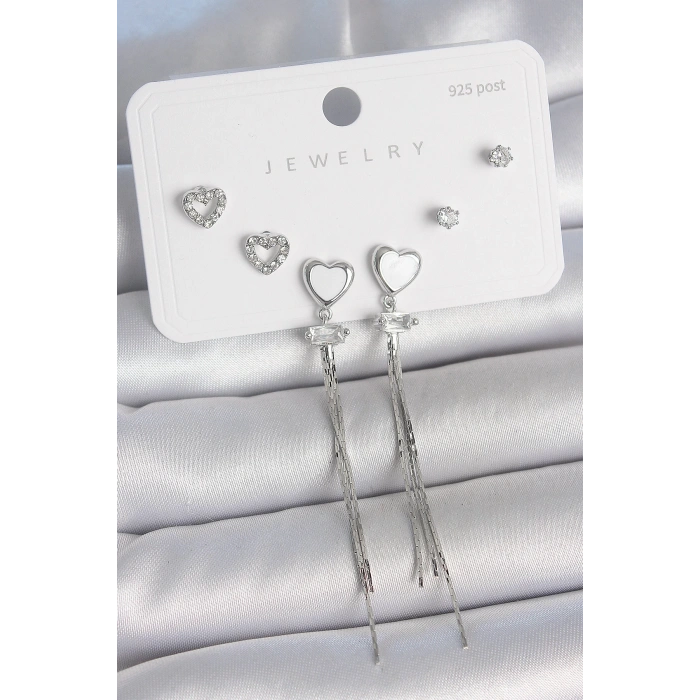 Pirinç Gümüş Sallantı Beyaz Mineli Kalp Model Zirkon Taşlı Kalp Detay 925 Ayar Gümüş Çivi Kadın Küpe Seti