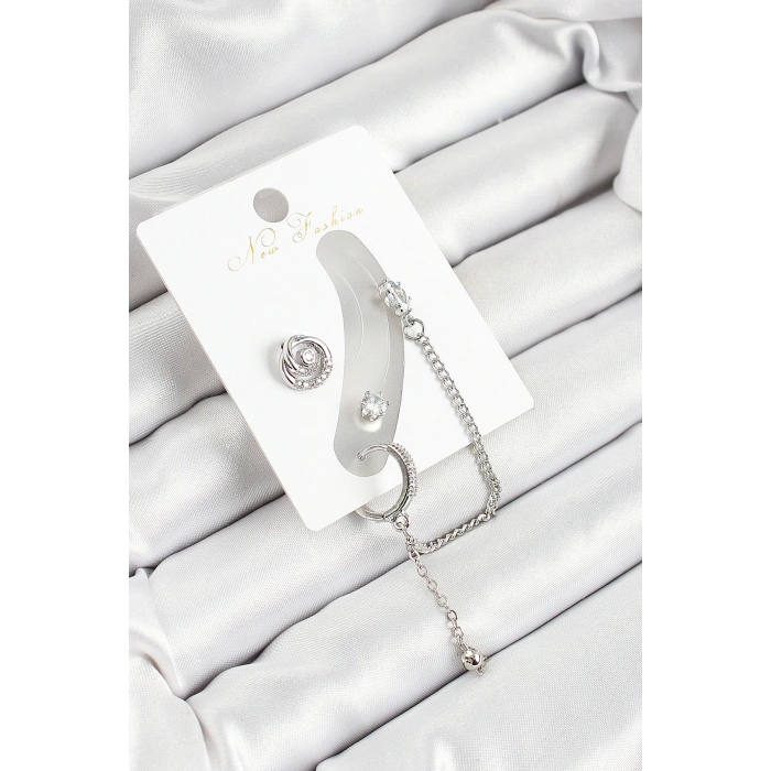 Pirinç Halka Figürlü Zirkon Taşlı Gümüş Renk 3lü Kıkırdak Kadın Küpe Set