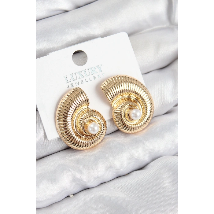 Pirinç İnci Detaylı Girdap Model Gold Renk Kadın Küpe