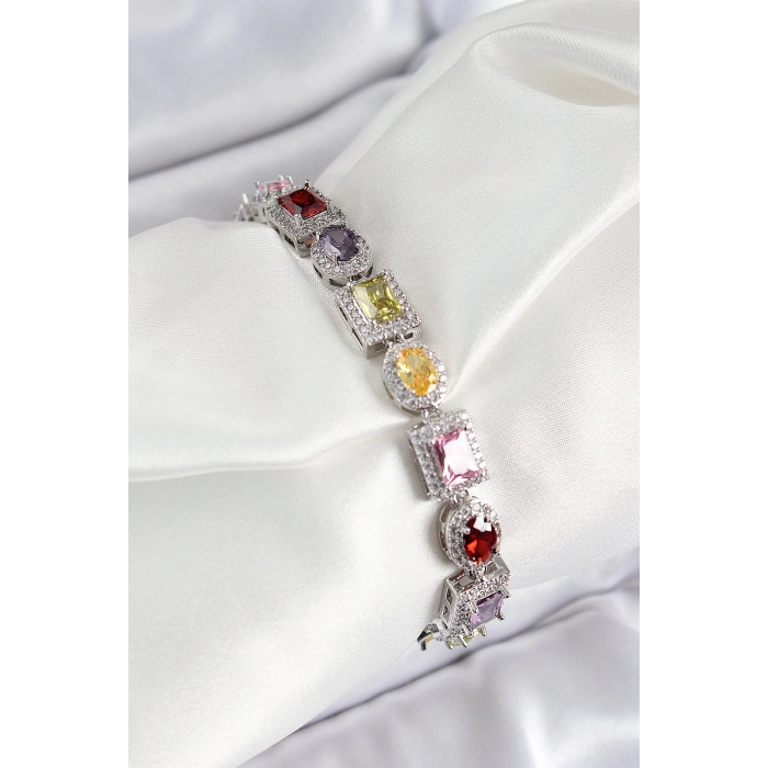 Pirinç Karışık Zirkon Taşlı Baget Model Gümüş Renk VIP Seri Kadın Bileklik